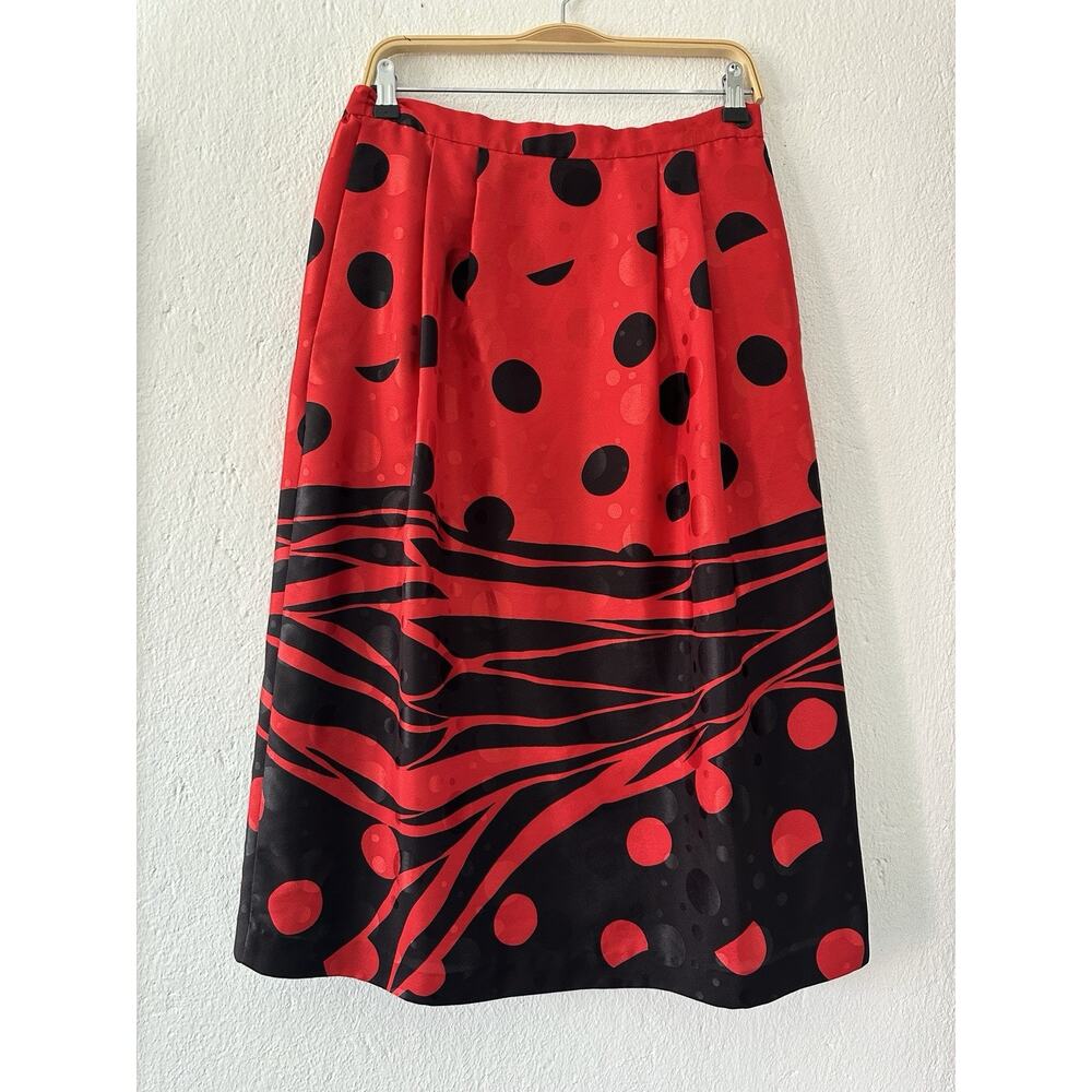 Vintage Red Black Polka Dot Midi Skirt Size 8 Satin Look BlkGraphic Print A-Line